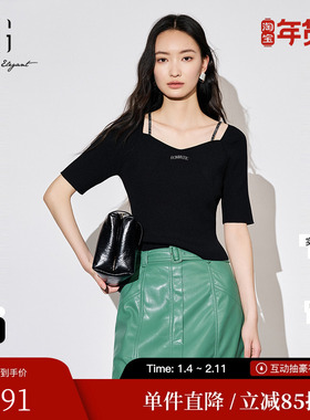 XG雪歌XJ311013A290黑色短袖毛针织衫时尚秋季新款吊带设计上衣女