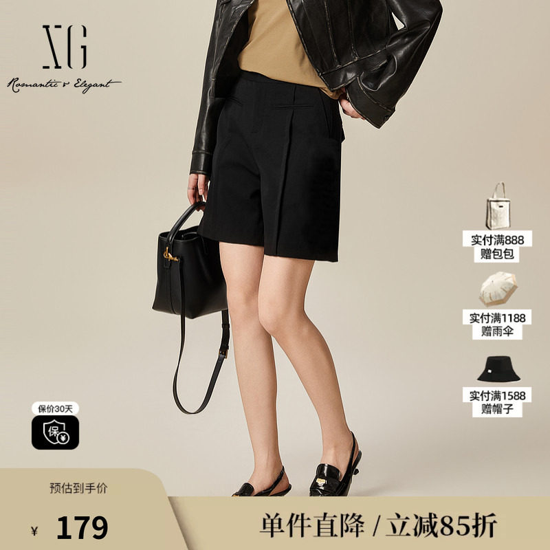 XG/雪歌XL102003A390绵羊毛休闲裤2025秋季新款黑色直筒短裤女装