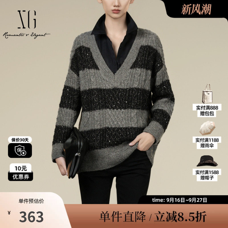 XG/雪歌XK411051B499 黑灰条纹宽松套头毛针织衫亮丝点缀毛衫女装