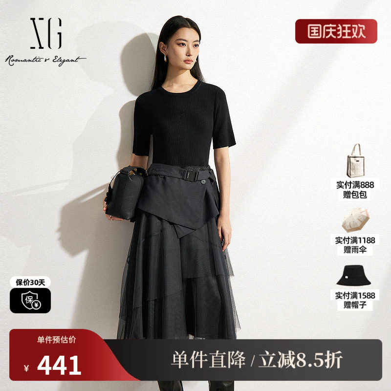 XG/雪歌XK104012B683假两件短袖连衣裙2025春季新款网纱中长裙女