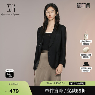 挽边通勤休闲直筒西装 黑色醋酸七分袖 外套女 雪歌XK307004A290