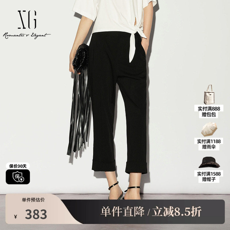 XG/雪歌XL202024A290 黑色直筒九分休闲裤翻边烟管口袋薄款裤子女