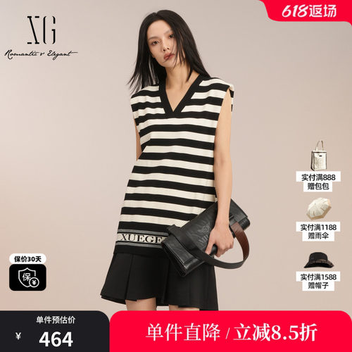 XG/雪歌XK204001B199条纹V领连衣裙2025夏季新款 无袖直筒裙中裙