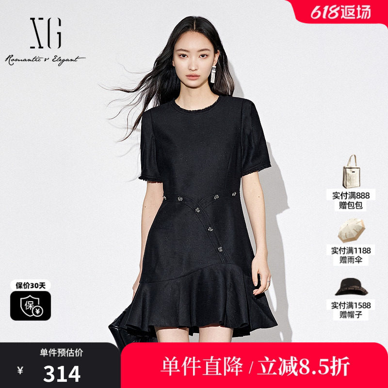 XG/雪歌XJ304006A290黑色短袖连衣裙2025秋季新款荷叶边短裙女装