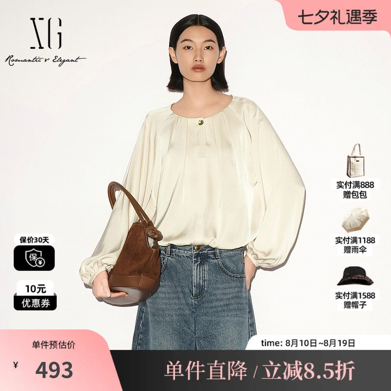 XG/雪歌 XL321027A351米白色缎面圆领长袖衬衫气质高级泡泡袖女装