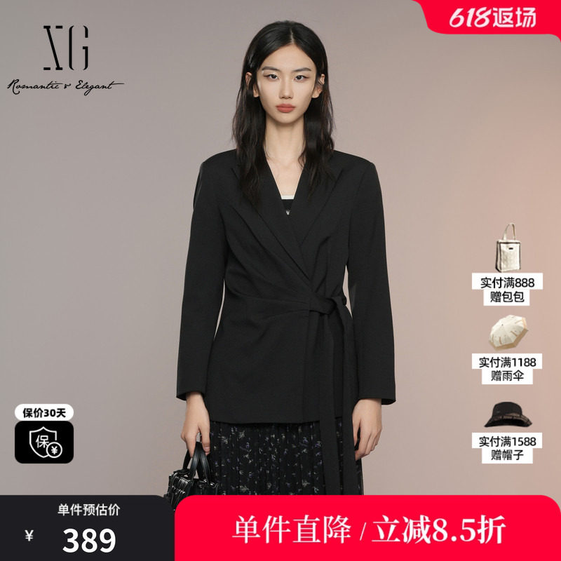 XG雪歌XK307022A490黑色褶皱休闲西装2025秋季新款系带长袖外套女