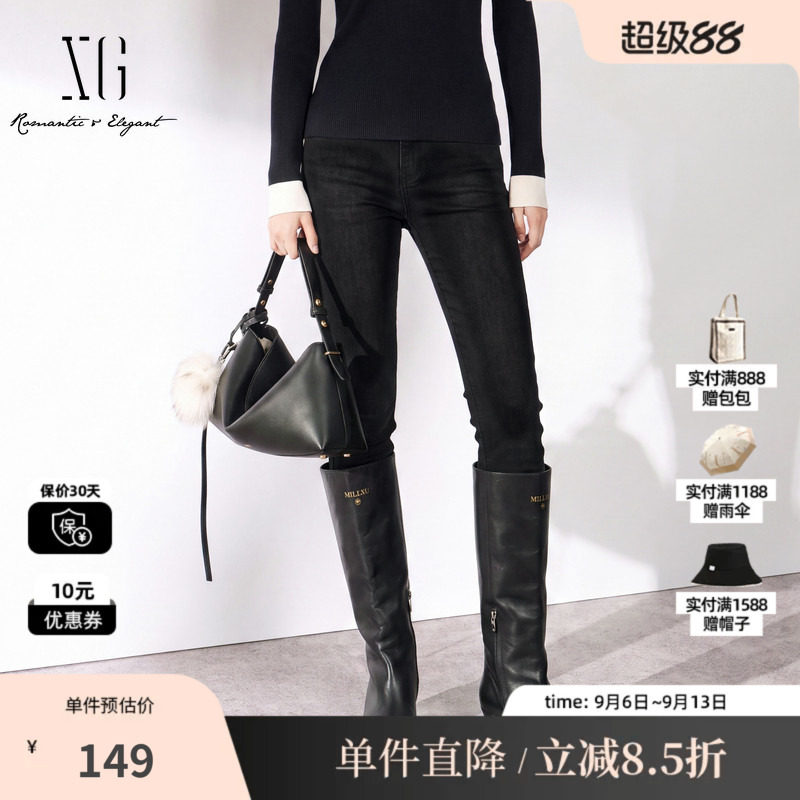XG/雪歌 XJ412810A890黑色棉感修身直筒牛仔裤通勤休闲铅笔长裤女