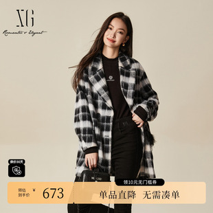 中长款 新款 绵羊毛大衣女 冬季 XG雪歌XJ410036B495格纹毛呢外套时尚