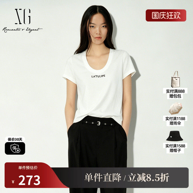 XG/雪歌XL201012A151 白色莱赛尔短袖T恤薄款U领字母直筒上衣女装