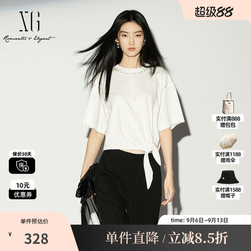 XG/雪歌XL201018A251白色棉感短袖T恤薄款圆领绑带钉珠短上衣女装