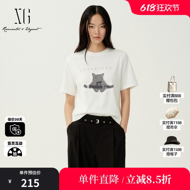 XG/雪歌XM201530A851白色小猫咪短袖T恤基础百搭直筒短款上衣女装