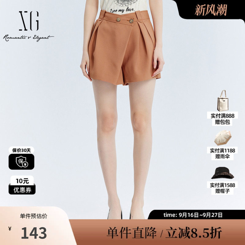 XG/雪歌XJ302001A133桔黄色休闲裤时尚秋季新款压褶直筒短裤女装