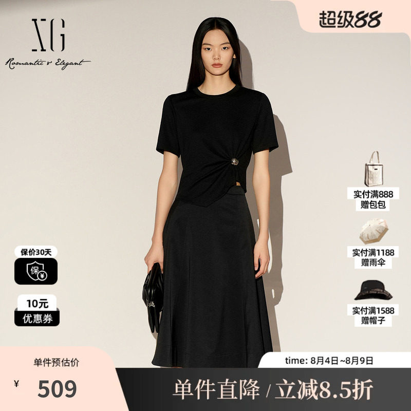 XG/雪歌XL104018A590黑色圆领T恤拼接连衣裙短袖显瘦中长伞裙女装