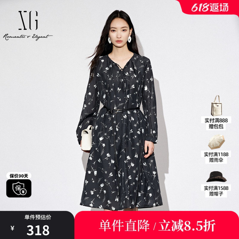 XG雪歌XL304830A806满版印花长袖连衣裙2025秋季新款碎花中长裙女