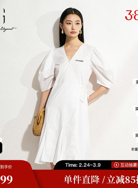 XG/雪歌XK204510A851白色纯棉泡泡袖连衣裙V领鱼尾收腰显瘦套头裙