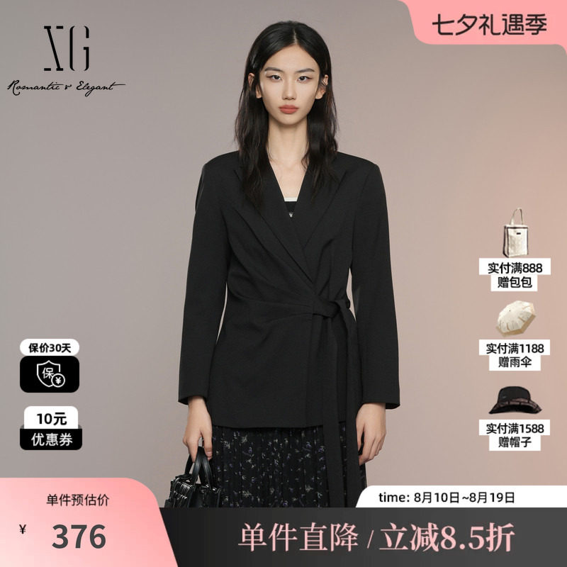 XG雪歌XK307022A490黑色褶皱休闲西装2025秋季新款系带长袖外套女