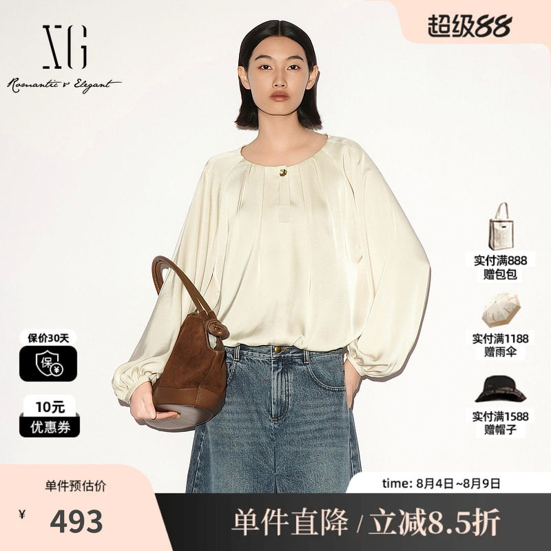 XG/雪歌 XL321027A351米白色缎面圆领长袖衬衫气质高级泡泡袖女装