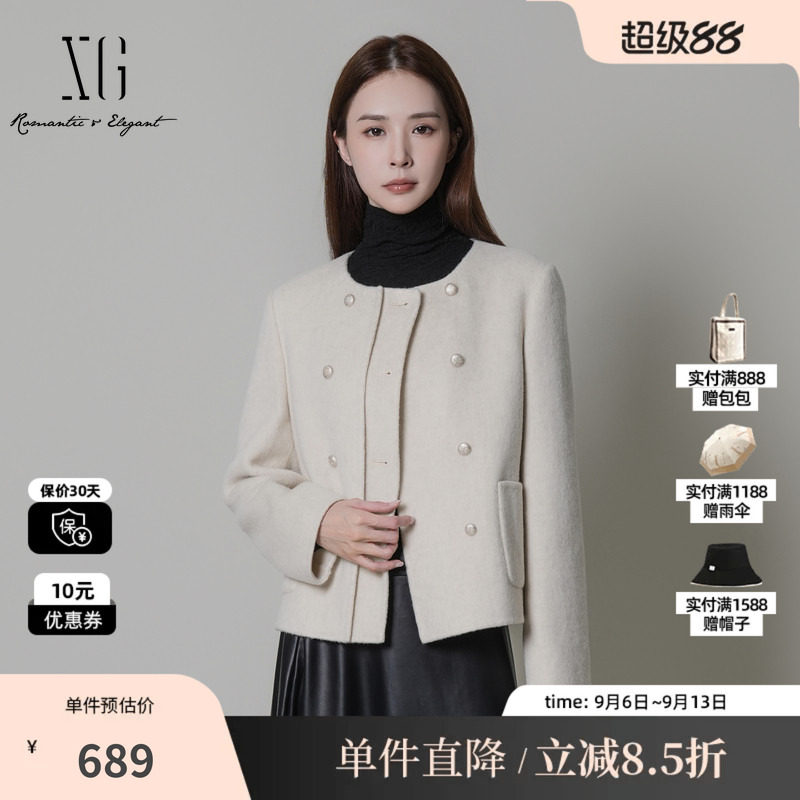 XG/雪歌 XK410036A991米白色100%绵羊毛圆领短款毛呢外套大衣女装