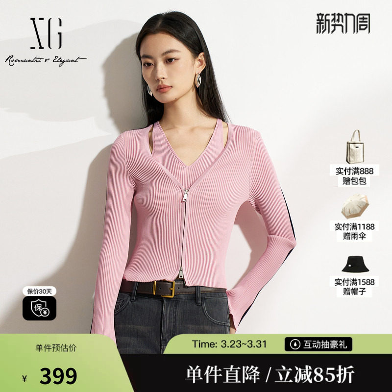 XG/雪歌XK111503A816 黑粉色假两件针织衫修身显瘦套头长袖毛衣女