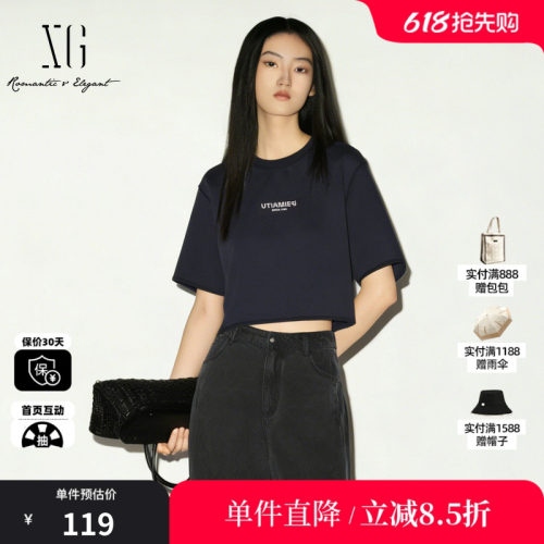 XG/雪歌XK201544A828藏青色短袖T恤宽松直筒短款显瘦高腰休闲女装