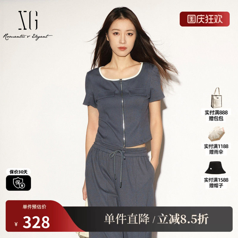 XG/雪歌XL201027B983深灰色方领短袖T恤短款拉链修身薄款开衫女装