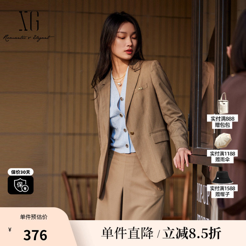 XG雪歌XK307001B195复古格纹休闲西装2025秋季新款修身长袖外套女