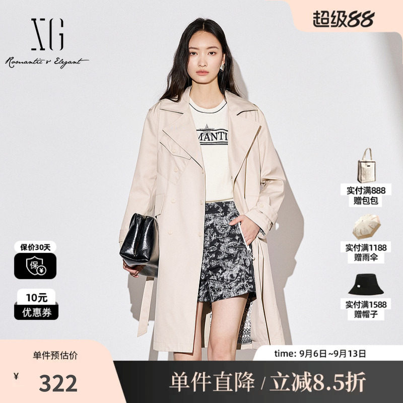 XG/雪歌XJ308009A560浅米色长袖风衣棉感秋季新款翻驳领外套女装