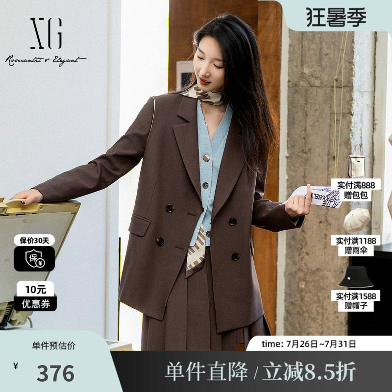 XG雪歌XK307018A572咖啡色休闲西装2025秋季新款中长款长袖外套女