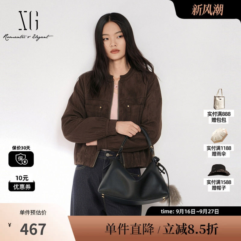 XG/雪歌 XM407508A809咖色麂皮圆领长袖外套短款宽松休闲夹克女装
