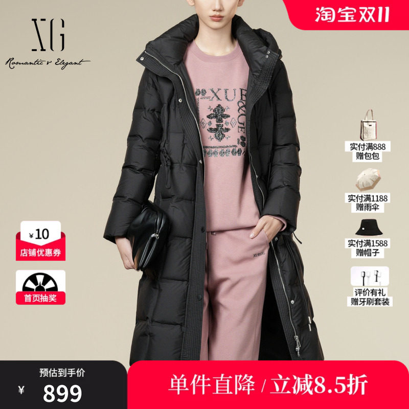 XG/雪歌 XK406018A290黑色连帽绑带白鸭绒羽绒服保暖中长外套女装