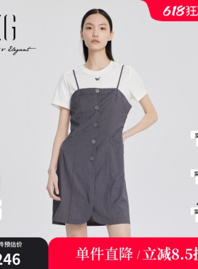 XG雪歌XJ204004A183深灰色连衣裙时尚夏季新款两件套印花中长裙女
