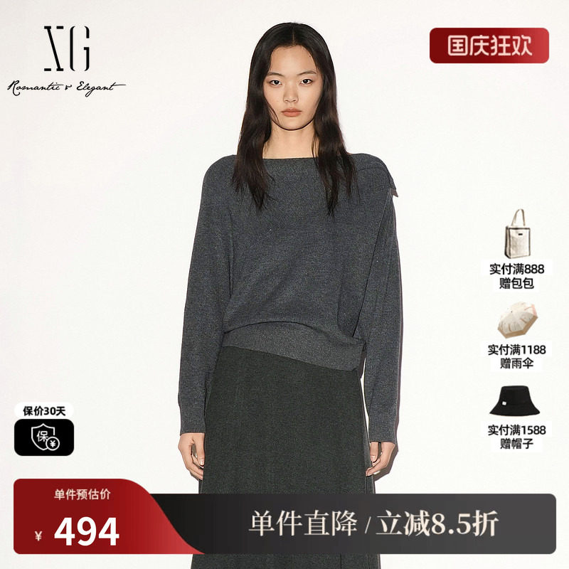 XG/雪歌 XL311009A582深灰色羊毛混纺斜领套头长袖针织毛衫慵懒女