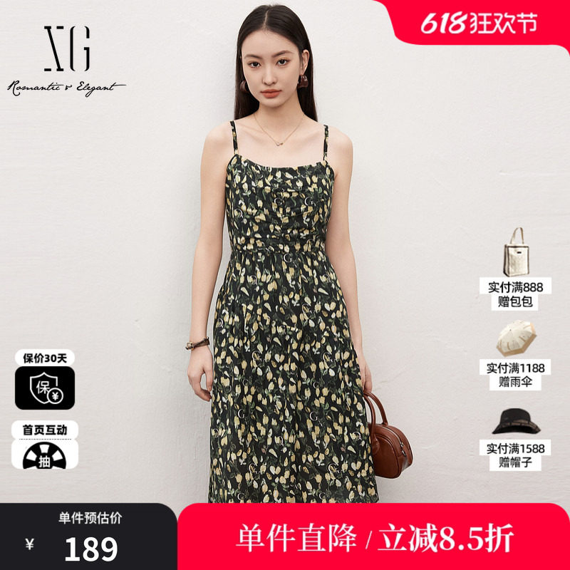 XG/雪歌XJ204056B397花版折皱连衣裙时尚夏季新款棉感软吊带裙女