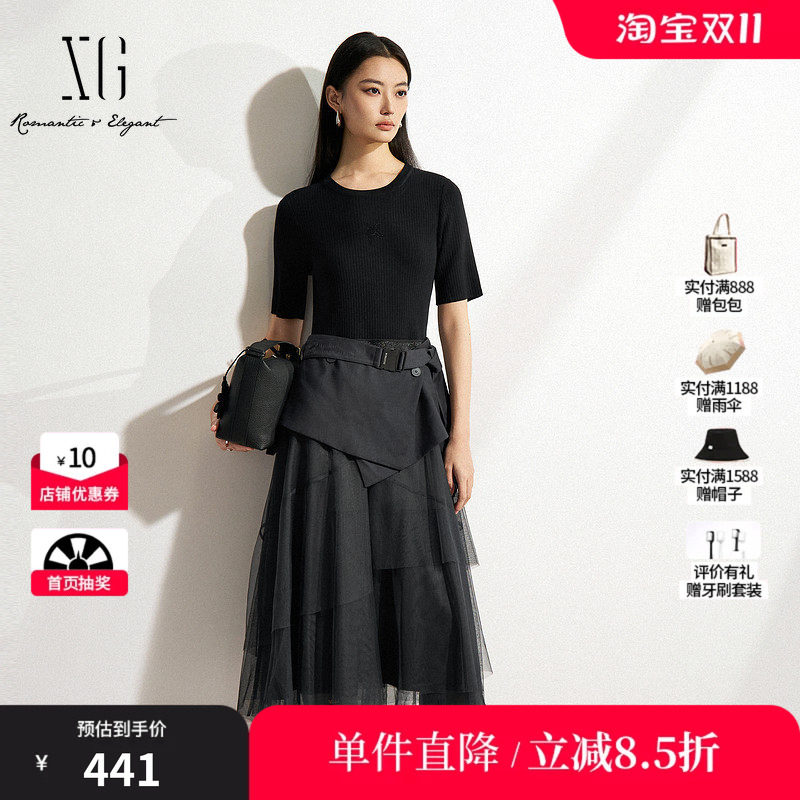 XG/雪歌XK104012B683假两件短袖连衣裙2025春季新款网纱中长裙女