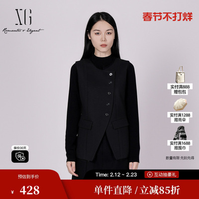 XG/雪歌XK424003AE90黑色无袖马夹2025冬季新款绵羊毛保暖马甲女