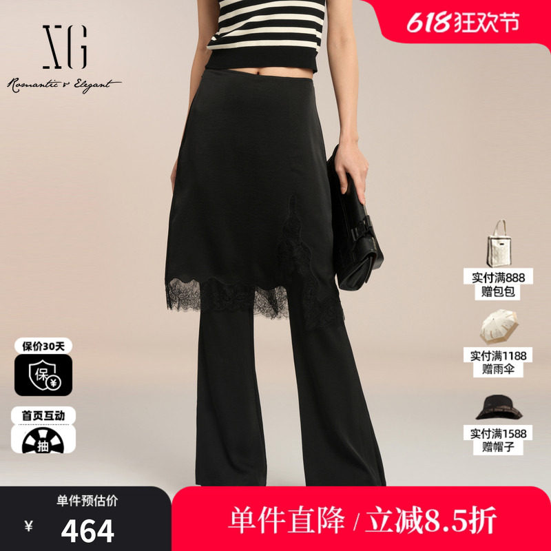 XG/雪歌XK202005A190黑色裤2025夏季新款微喇裤蕾丝西装裤子女