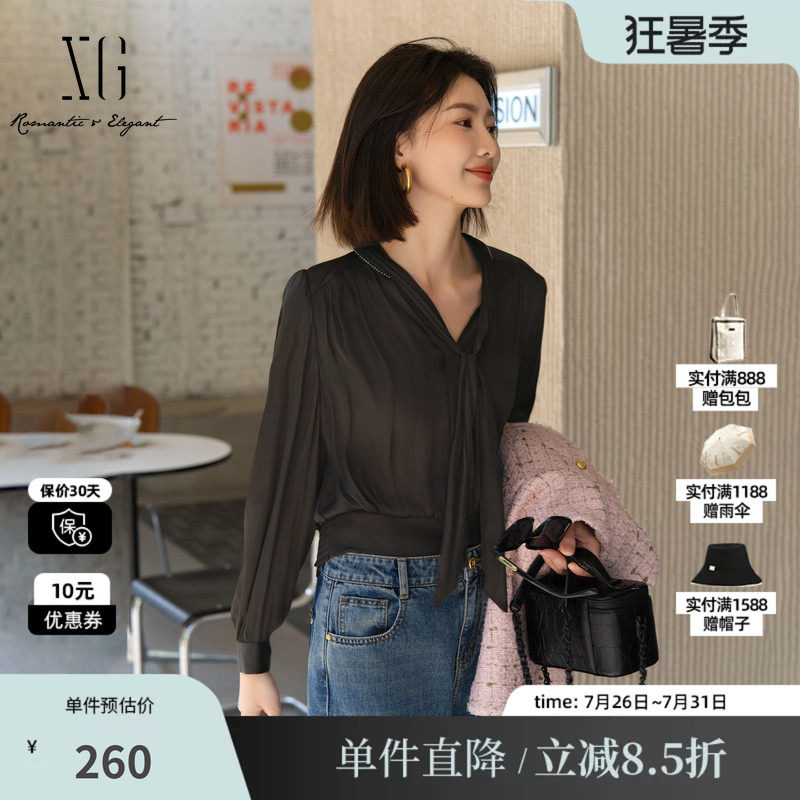XG雪歌XK321026A390黑色系带长袖衬衫2025秋季新款通勤套头上衣女