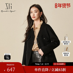 XG雪歌XJ410050A190黑色长袖毛呢外套2024冬季新款纯绵羊毛大衣女