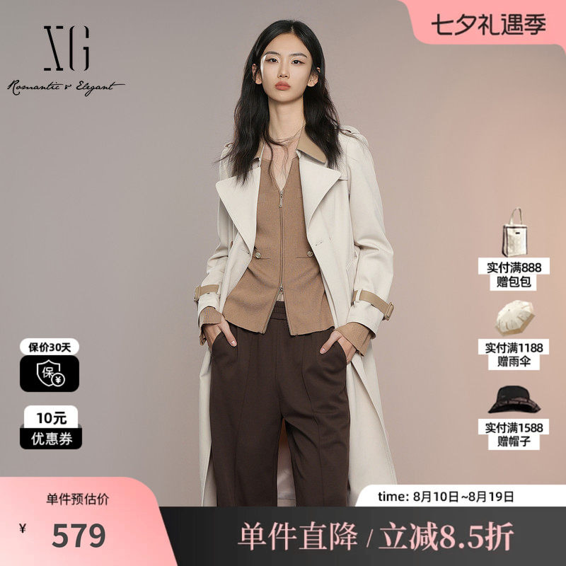 XG雪歌XK308004A460浅米色中长款风衣2025秋季新款长袖翻领外套女