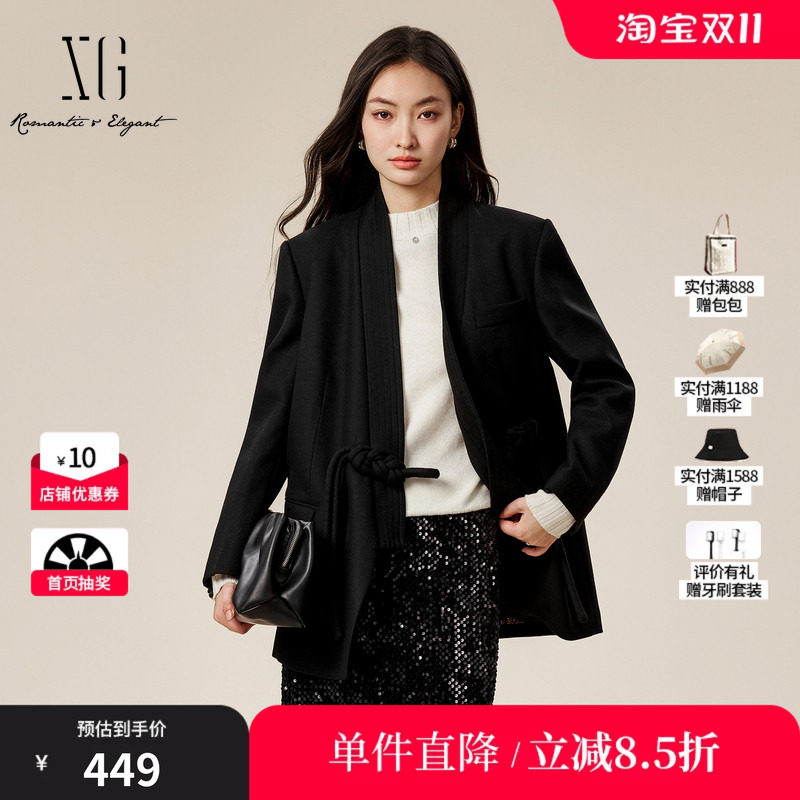 XG/雪歌XJ407034A390 国风盘扣设计休闲西装黑中长羊毛混纺外套女