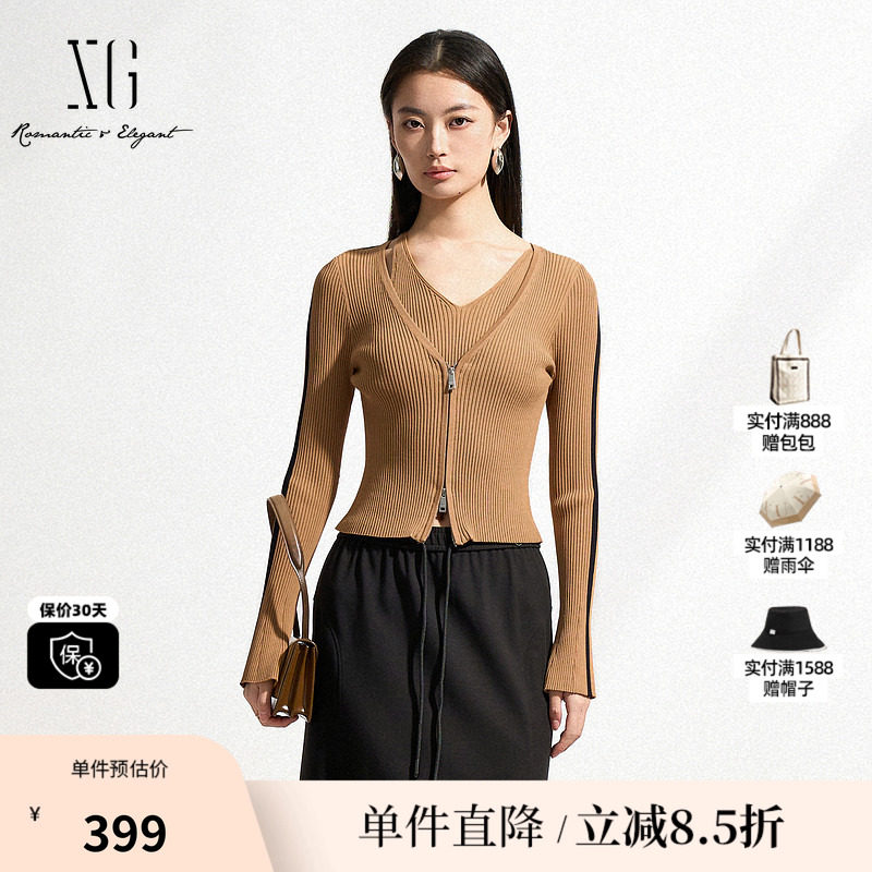 XG/雪歌XK111505A873 黑咖色假两件针织衫修身显瘦套头长袖毛衣女