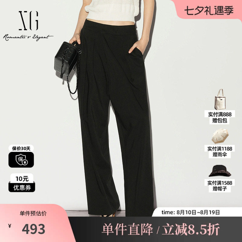XG/雪歌XL202003A290 黑色直筒捏褶休闲裤通勤薄款中腰西装长裤女
