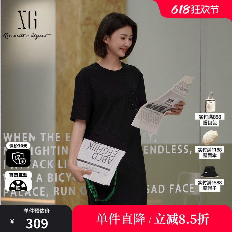 XG/雪歌XK204091A990黑色T恤连衣裙2025夏季新款棉感短袖中裙女装
