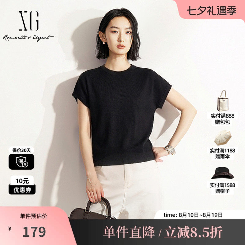 XG/雪歌XM201647A890黑色莱赛尔纯色短袖T恤圆领修身飞袖上衣女装