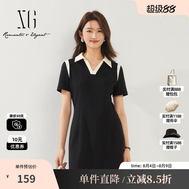 XG/雪歌XK204800A890棉感短袖连衣裙时尚夏季新款黑白拼色短裙女