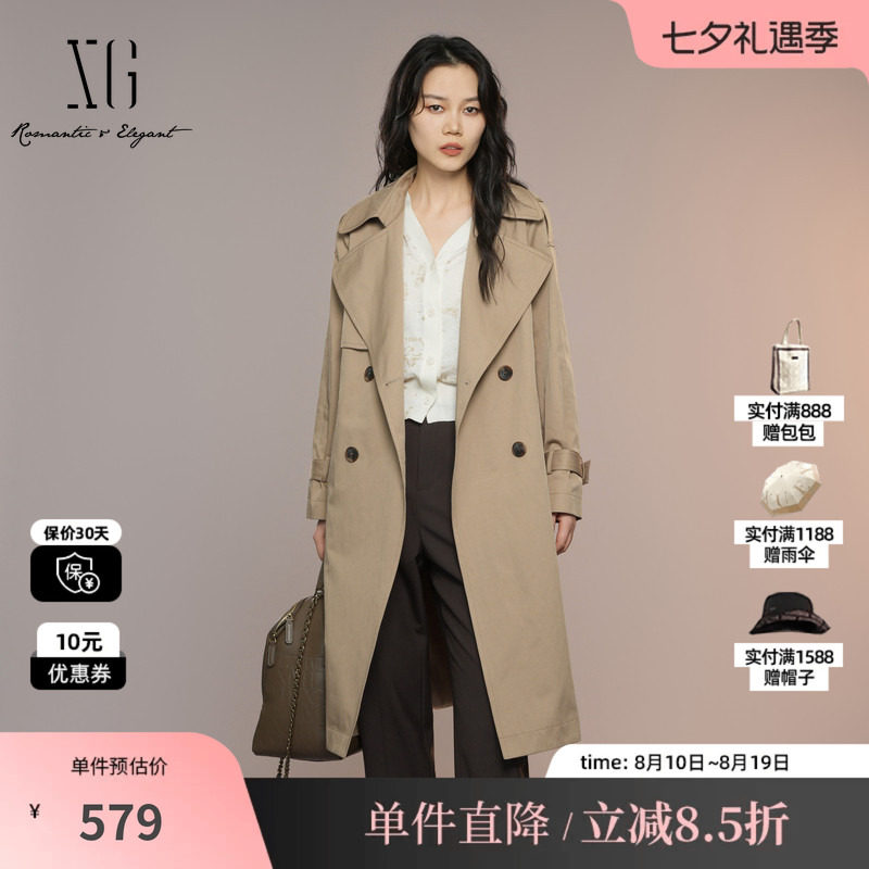 XG/雪歌XK308002A309中长款棉感风衣2025秋季新款咖色长袖外套女
