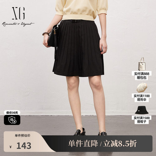 XG/雪歌XJ203023A290黑色简约百褶半身裙时尚夏季新款A字短裙女装