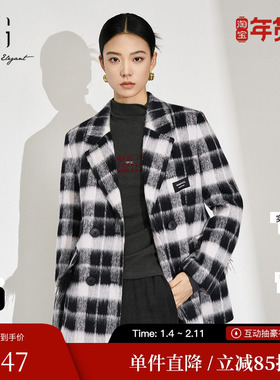 XG雪歌XJ410054B495格纹毛呢外套时尚冬季新款中长款绵羊毛大衣女