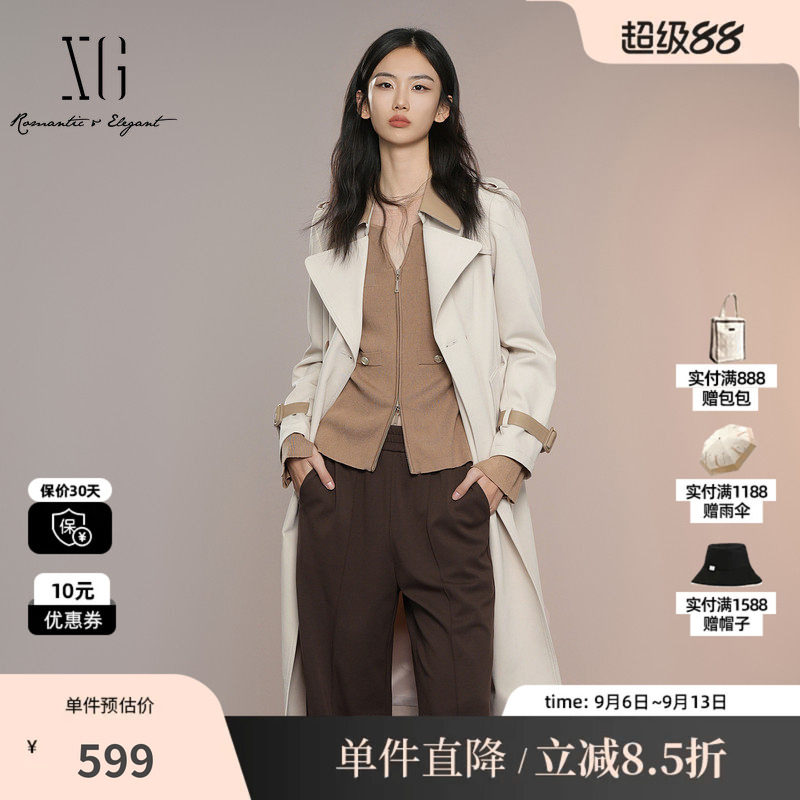 XG雪歌XK308004A460浅米色中长款风衣2025秋季新款长袖翻领外套女
