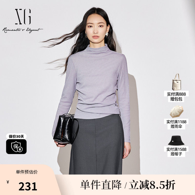 XG/雪歌XK301013A587灰紫色长袖T恤2025秋季新款修身半高领棉感女